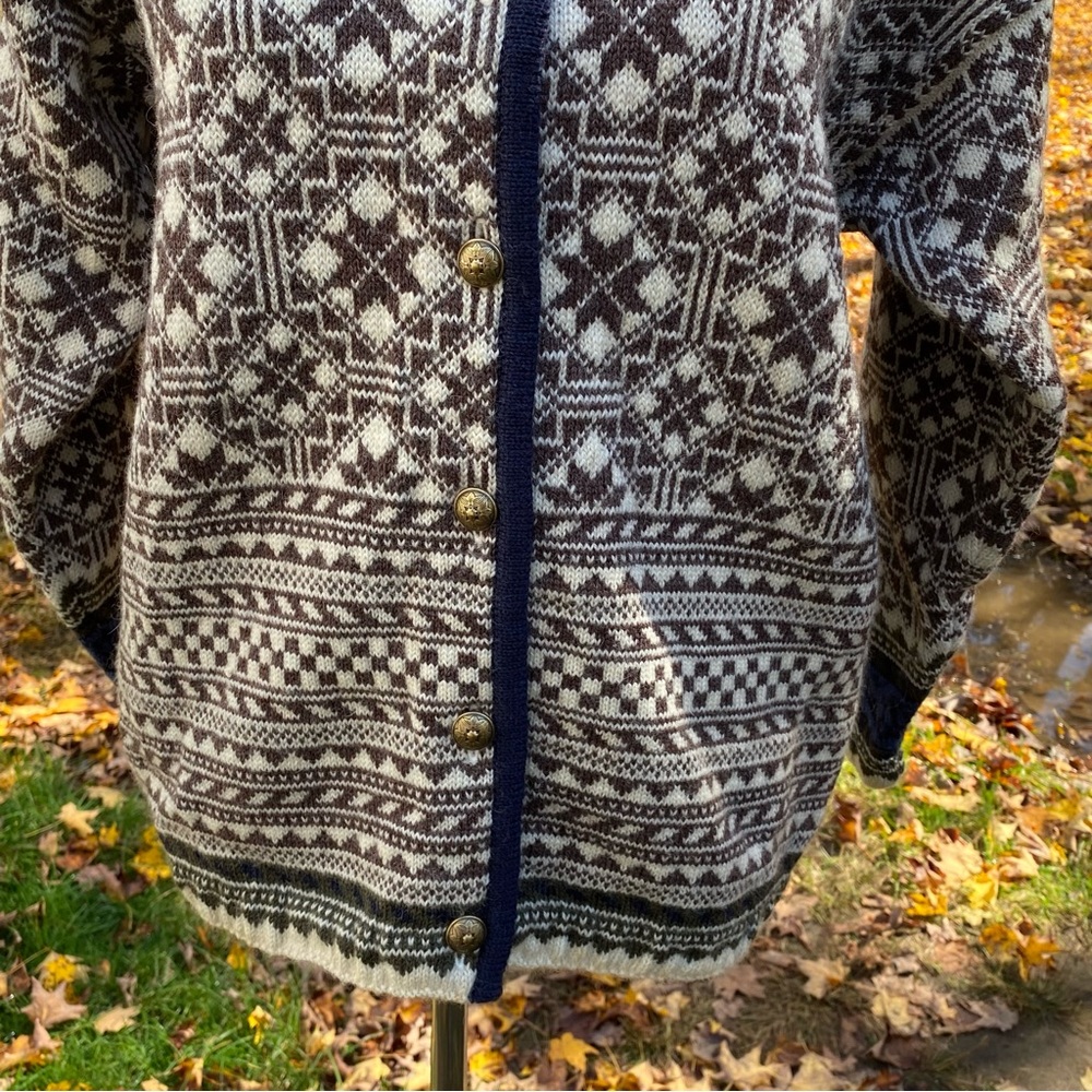 OLEANA NORWAY SWEATER CARDIGAN BROWN CREAM BLUE FAIR ISLE WOOL SQUARE NECK S - Picture 3 of 11